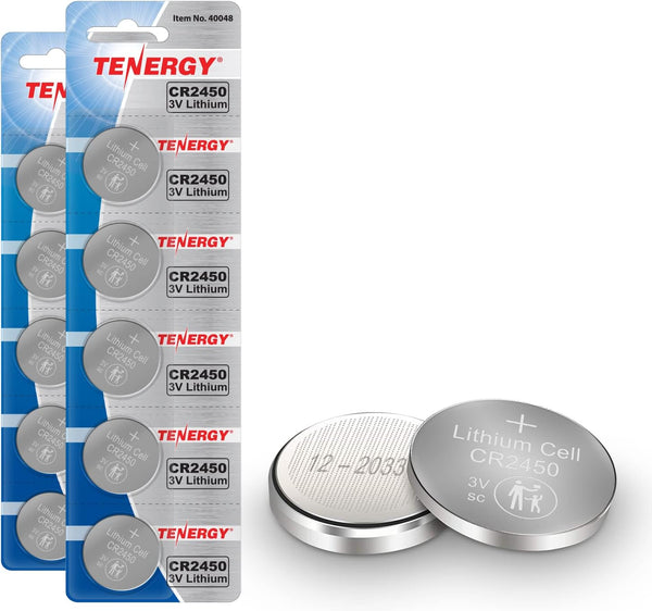 Tenergy CR2450 Battery, 3V Lithium Coin Cell for Car Key Fob, 10 Count (Pack of 2)