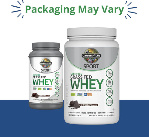 Garden of Life Sport Whey Protein Powder - Chocolate, Premium Grass Fed Whey Protein Isolate, 24g Protein, 20 Servings