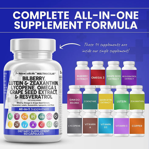 Eye Health Vitamins with Bilberry 6000mg Lutein & Zeaxanthin 40mg Lycopene 40mg Resveratrol 3000mg Grape Seed Extract 6000mg Omega 3 4000mg Astaxanthin - Eye Vitamin - 60 Capsules