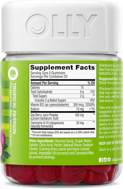 Gummy, B12, CoQ10, 60 Count OLLY Daily Energy Caffeine Free, Vitamin Goji Berry, Adult Chewable Supplement, Tropical