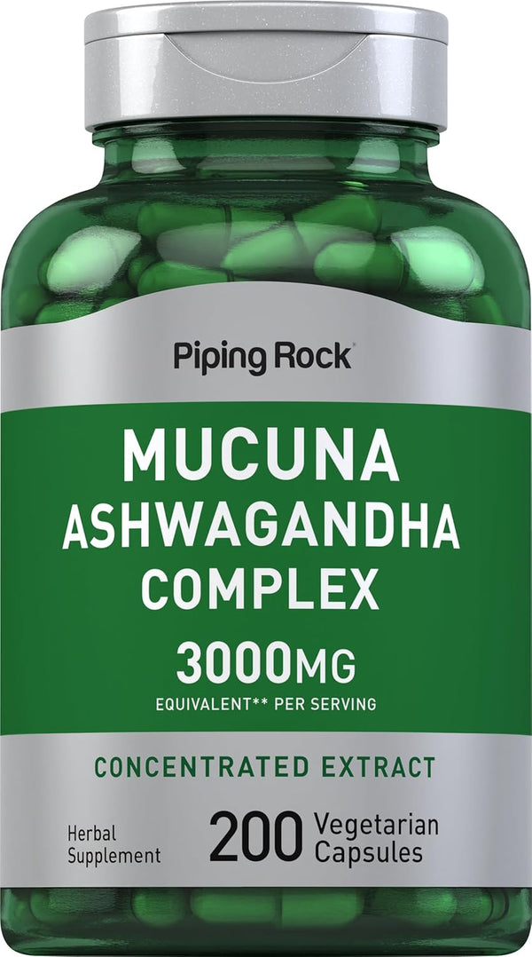 Piping Rock Mucuna Ashwagandha | 200 Capsules | 3000mg | Vegetarian, Non-GMO, Gluten Free | Complex Supplement