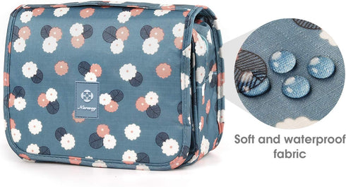 Narwey Hanging Toiletry Bag for Women, Travel Makeup Organizer for Toiletries, Blue Flower