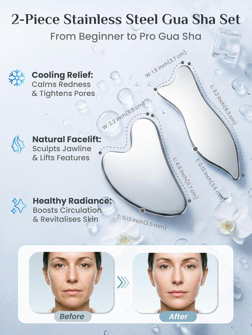 Set, (2 Pack) Rena Chris Stainless Steel Gua Sha Guasha Tool for Face and Body Massage, Gua Sha and Acupuncture Massage