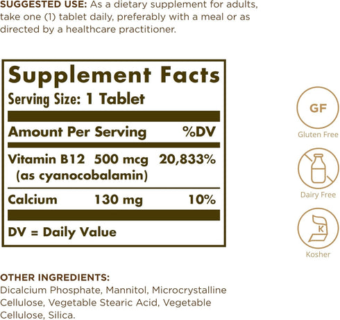 Solgar Vitamin B12 500 mcg - 100 Tablets - Vegan, Gluten Free, Dairy Free, Kosher - 100 Servings