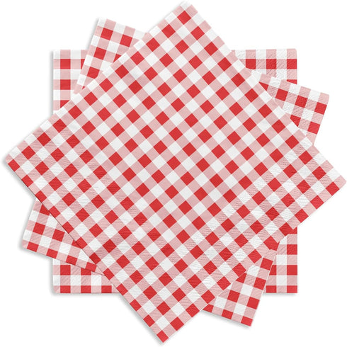 Gatherfun 80PCS Cocktail Napkins, 3-ply Red and White Gingham, Disposable Paper Beverage Napkins for Party, Bar, Picnic