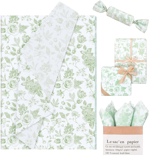 Whaline 100 Sheets Elegant Floral Tissue Paper, Green Flower Gift Wrapping Paper for Spring Wedding and Baby Shower