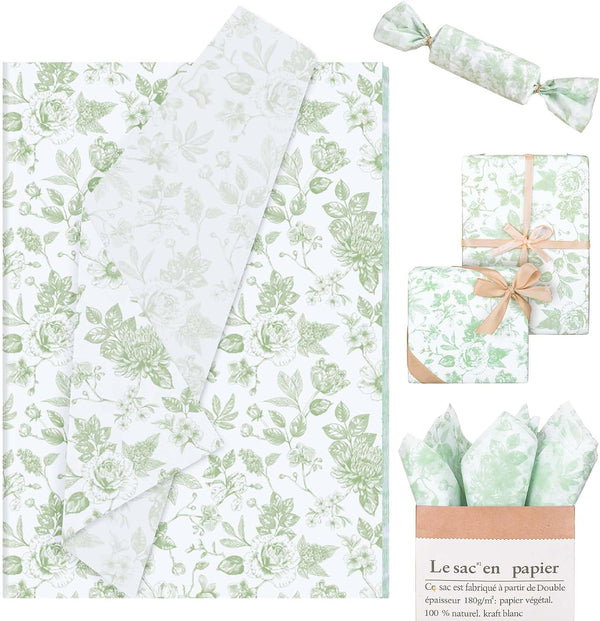 Whaline 100 Sheets Elegant Floral Tissue Paper, Green Flower Gift Wrapping Paper for Spring Wedding and Baby Shower