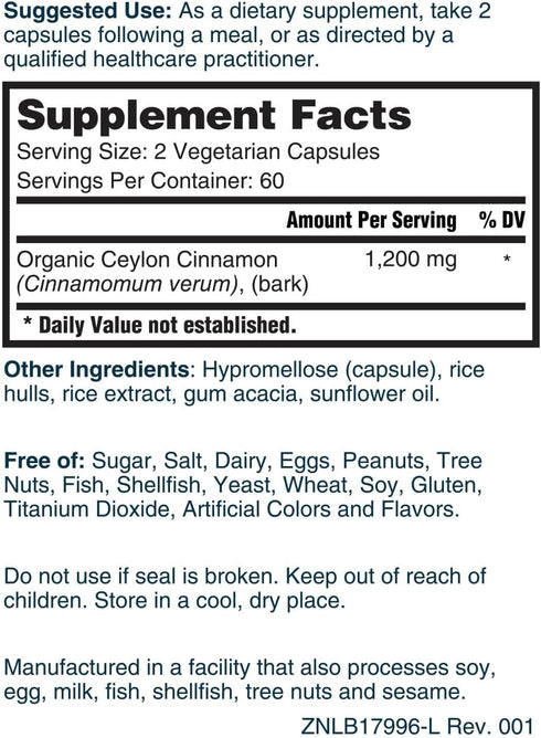 Nature's Lab Ceylon Cinnamon 1,200 mg per Serving, 120 ct (60 Day Supply) - Supports Antioxidant Health