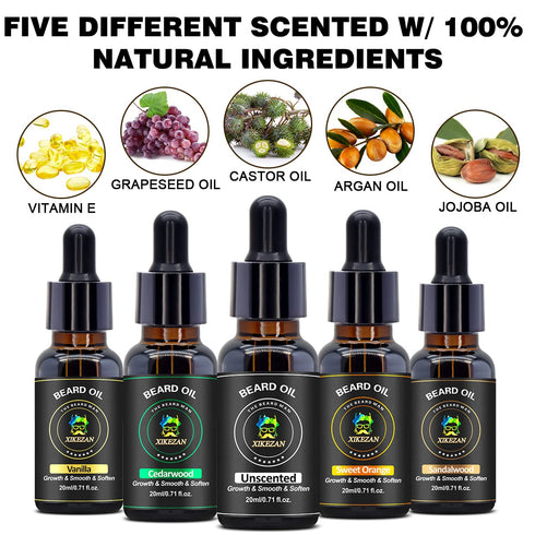 XIKEZAN 5 Pack Beard Oil Set with Sandalwood, Orange, Vanilla, Cedarwood, Christmas Stocking Stuffers for Men