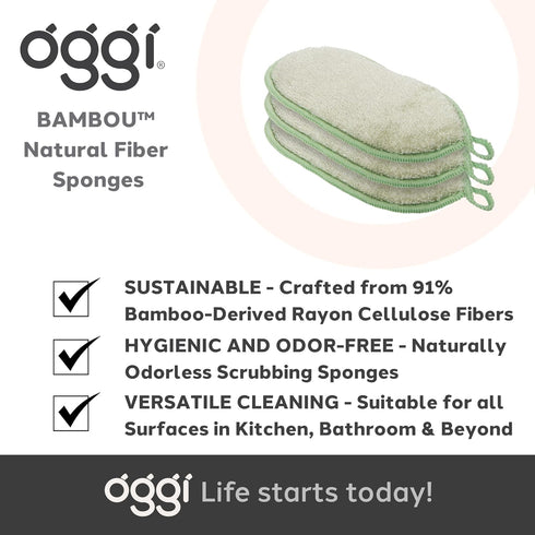 OGGI Bambou Odor-Free Kitchen Sponges - 3 pcs Natural Sponges for Dishes, 91% Bamboo-Derived Rayon, Reusable, Absorbent