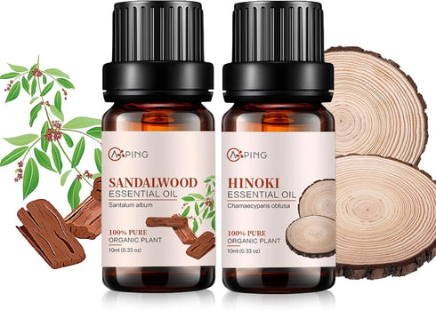 Sandalwood & Hinoki Essential Oils - 100% Pure Organic Natural Plant Oils for Diffuser, Spa, Massage, Yoga, 2x10ML