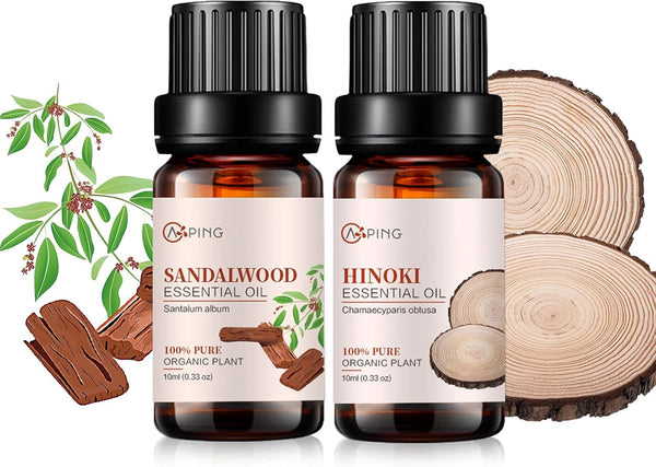 Sandalwood & Hinoki Essential Oils - 100% Pure Organic Natural Plant Oils for Diffuser, Spa, Massage, Yoga, 2x10ML