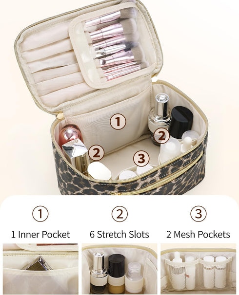 Wandering Nature Makeup Bag, Travel Organizer Cosmetic Brush Case for Women in Eco Vegan Leather