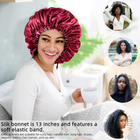 Satin Silk Bonnet for Curly Hair - Large Double-Layer Adjustable Braid Bonnet for Sleeping, Wine Red
