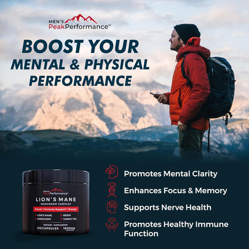 MEN'S PeakPerformance Mushroom Complex with Lions Mane, Reishi, Cordyceps, Turkey Tail, Nootropic Brain Supplement for