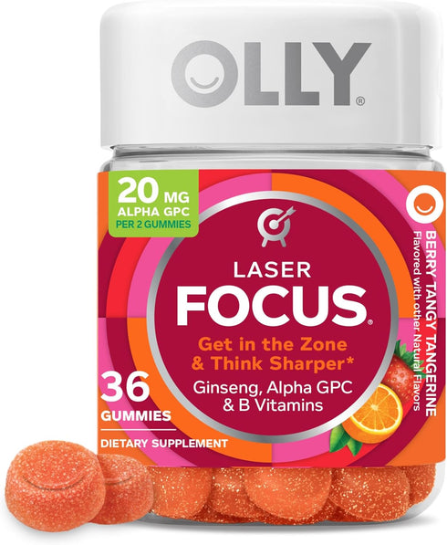 OLLY Laser Focus Gummy, Ginseng, Alpha GPC, B Vitamins, Berry Tangerine Flavor