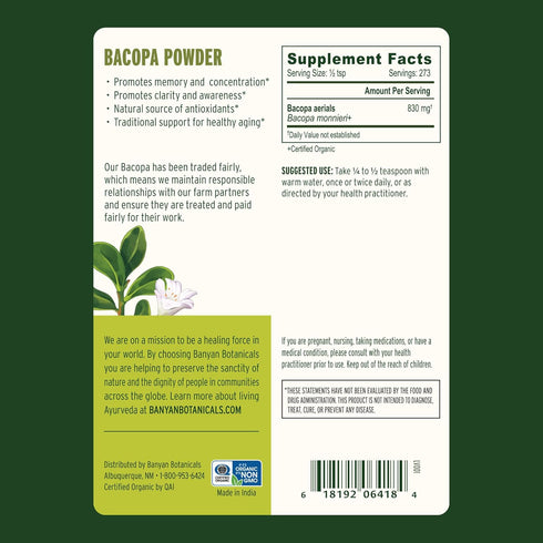 lb. Banyan Botanicals Bacopa Powder Organic Bacopa Monnieri Supplement Nootropic Herb Focus and Concentration