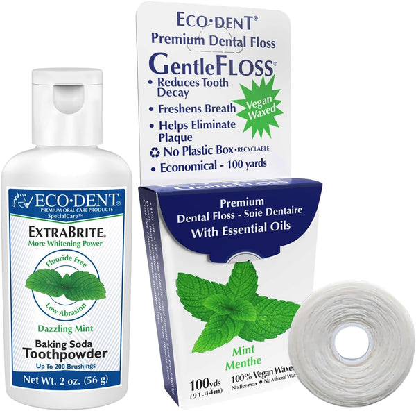 Eco-Dent Oral Care Bundle, ExtraBrite Toothpowder + Gentle Floss, Mint, Vegan Toothpaste Alternative & Dental Floss