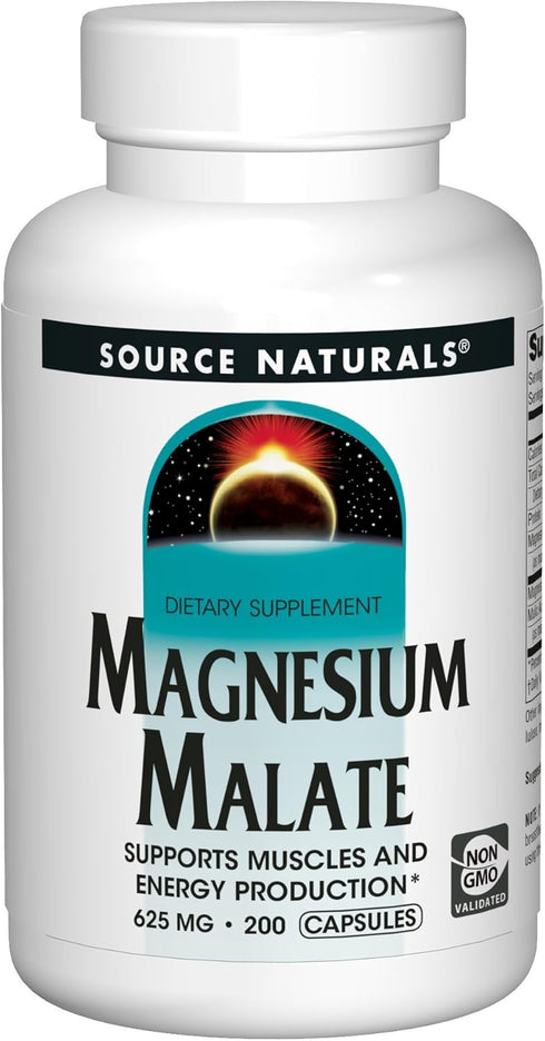 Source Naturals Magnesium Malate 625mg Supplement - Essential, Bio-Available Magnesium Malic Acid Supplement - 200