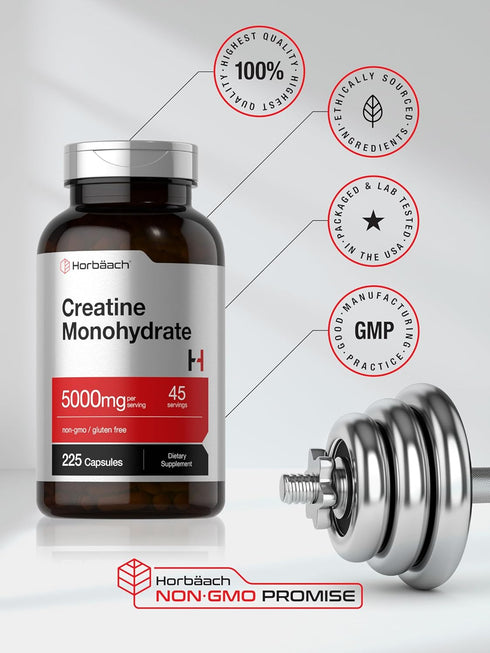 Horbaeach Creatine Monohydrate | 5g | 225 Capsules, Non-GMO, Gluten Free Supplement