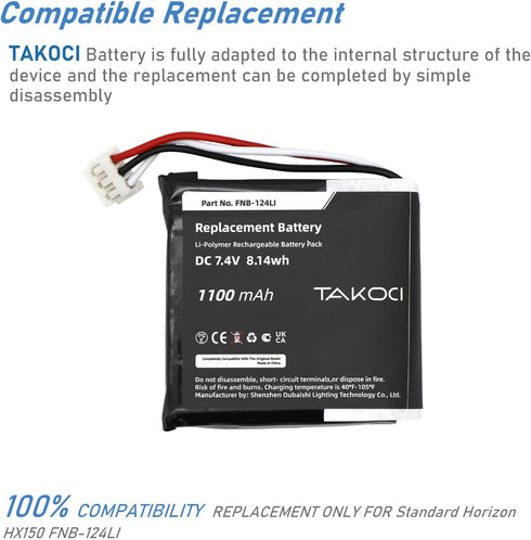 Replacement Battery for Standard Horizon HX150 FNB-124LI, 1100mAh/7.4V