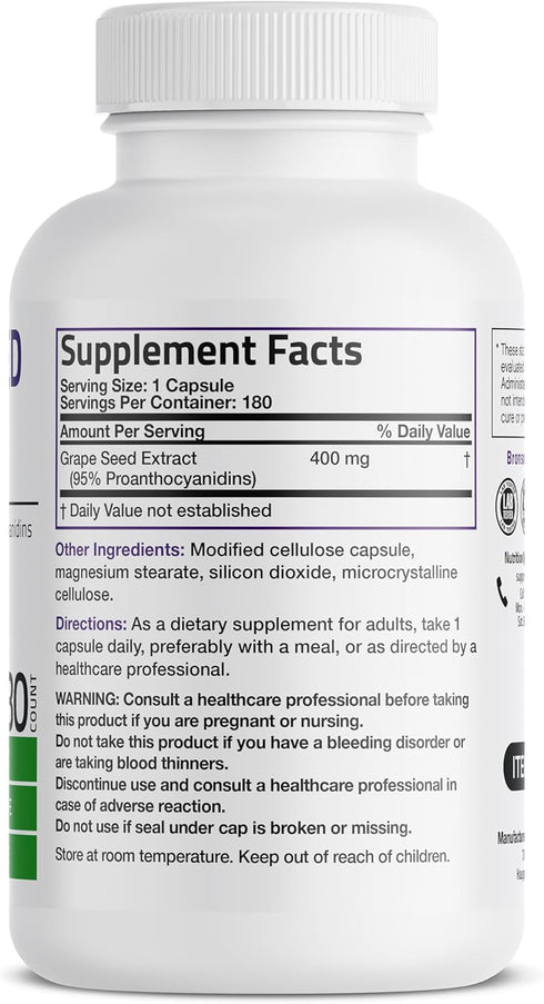 Bronson Grape Seed Extract 400 mg - Antioxidant & Immune Support, 180 Vegetarian Capsules, Non-GMO