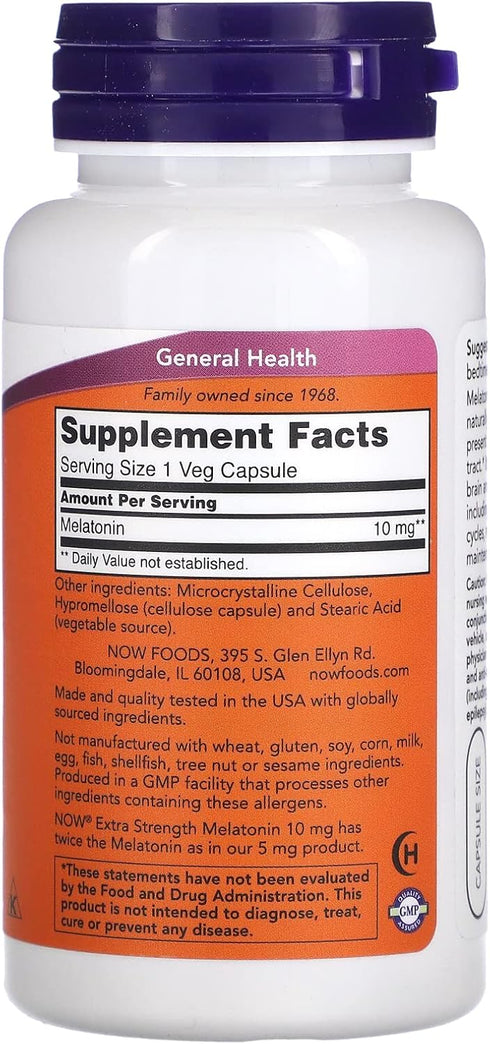 NOW Foods Melatonin Extra Strength 10 mg, Free Radical Scavenger*, Healthy Sleep Cycle*, 100 Veg Capsules
