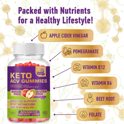 Keto ACV Gummies - 60 Gummies (1000MG) - Gluten & Sugar-Free Apple Cider Vinegar for Advanced Weight Loss