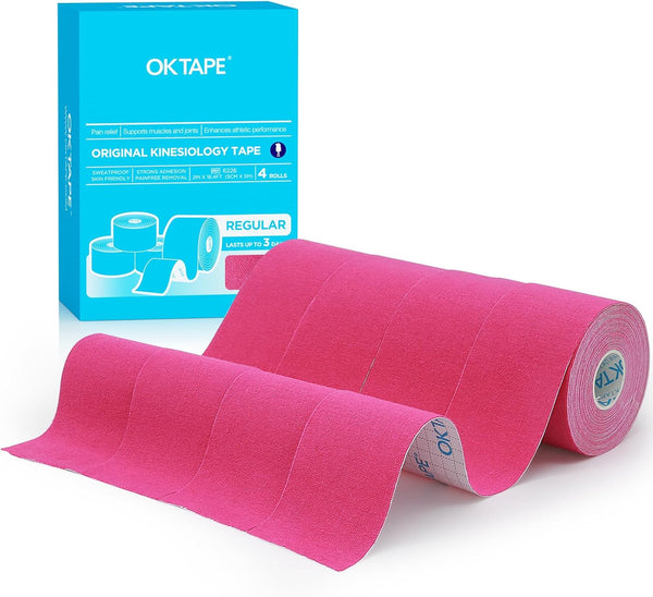 OK TAPE Regular Kinesiology Tape (4 Pack), Original Cotton Athletic Support for Muscle Joint Pain, 2in×16.4ft - Pink.