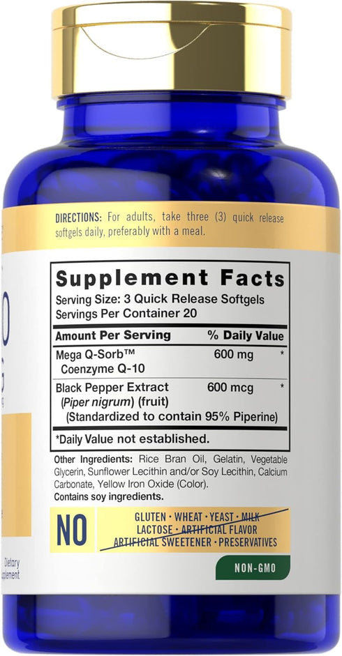 Carlyle CoQ10 600 mg | 60 Softgels | Mega Q-Sorb Coenzyme Q-10 | with Black Pepper Extract | Non-GMO, Gluten Free