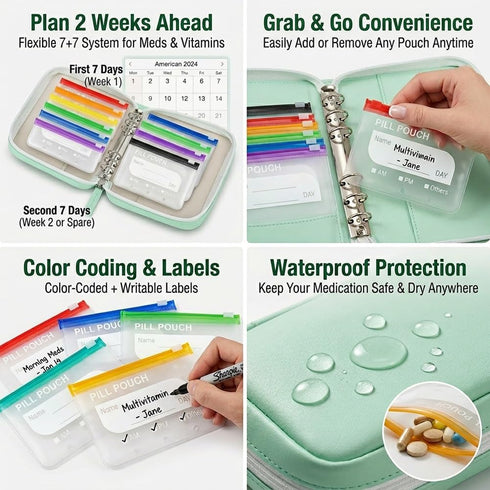 Set-14Pcs 14 Waterproof Pill Pouch Bags Inside, Zipper Pill Case with Day Zipper Pouches Organizer Travel Medicine