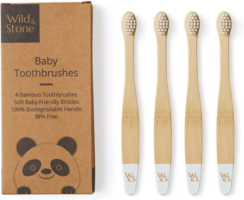 Organic Baby Bamboo Toothbrushes | 4 Pack | Soft Bristles | 100% Compostable Handle | Vegan Baby Toothbrushes (White)