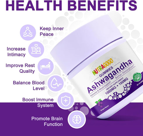 NUTRAGOGO Gummies D3 Gummies Free)-2 Pack Ashwagandha & Vitamin Organic Aswangdha Supplement for Improve Sleep, Stress