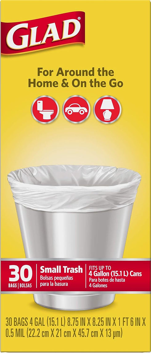 Glad Trash Bags, Small Garbage Bags - 4 Gallon White Trash Bag, 30 Count