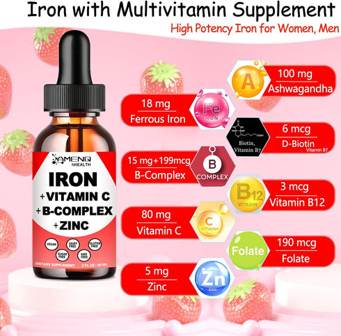 Liquid Iron Supplement w/Vitamin C, A, B-Complex, Vegan Iron Drops High Potency Liquid Vitamin & Iron Supplements