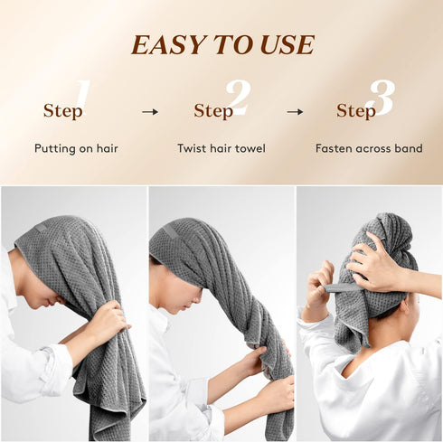 YFONG Microfiber Hair Towel Wrap for Women - Fast Drying Turbans for Long, Thick, Curly Hair, Dark Gray