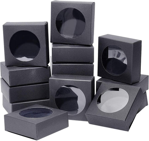 BENECREAT 24 Pack Black Kraft Paper Boxes with Clear Window, 3x3x1.2 for Bakery Cookies Cake Candy Gift Packaging