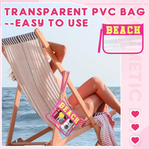 Hillban 2 Pcs Beach Makeup Bag - Clear Cosmetic Toiletry Pouch with Chenille Letter Patch for Summer Travel