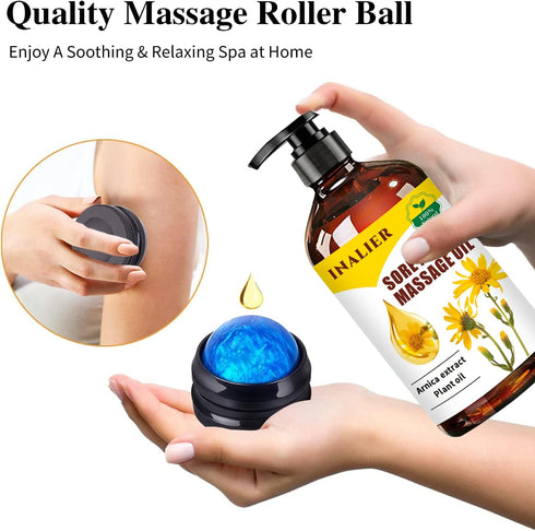 3 Pack Cellulite, Sore Muscle & Lavender Relaxation Massage Oils with Roller Massage Ball, Spa Treatment Gift Set for