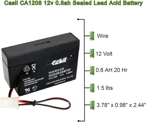 Casil 12V 0.8Ah AGM Sealed Lead Acid Deep Cycle Rechargeable Battery for CP1208 DJW12-0.8 LP12-0.8 NP0.8-12 PS-1208 SLA1000 UB1208 TP12-0.8 SP12-0.8-WL