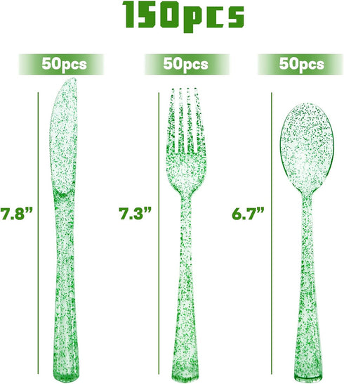 150 Pack Green Plastic Silverware, Green Glitter Plastic Utensils - 50 Green Plastic Forks, 50 Green Knives, 50 Green Spoons for St Patricks Day Decorations, Birthday, Picnic by joy akkess