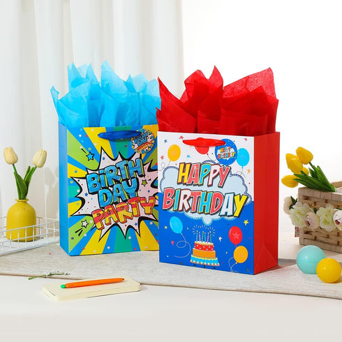 Vammy 13" Large Birthday Gift Bag with Tissue Paper, 2 Pack Paper Gift Bags for Fireworks Birthday Party, Colorful Cake