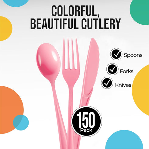 150 Pack Pink Plastic Cutlery Set, Plastic Silverware Heavy Duty, Plastic Utensil Sets, 50 Plastic Forks 50 Plastic Spoons 50 Plastic Knives Disposable Cutlery Set For Party Supplies Exquisite by Exquisite