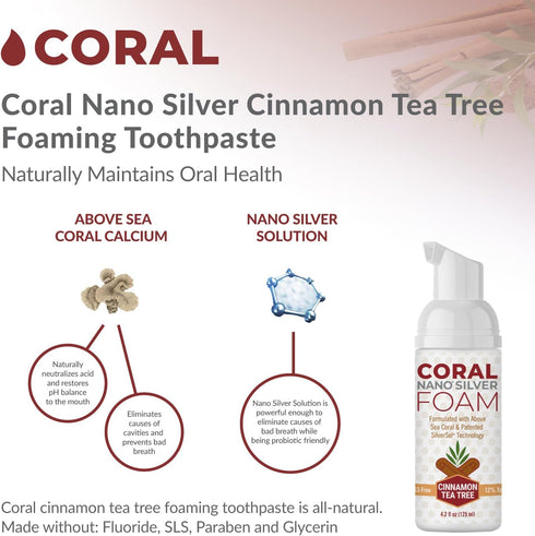 Coral Nano Silver Foaming Cinnamon Tea Tree Toothpaste, Natural Fluoride Free, SLS and Glycerin Free - 4 Ounce