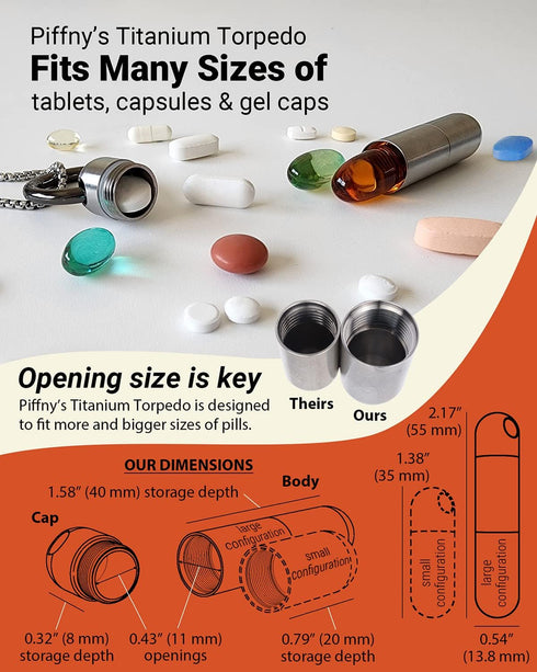 Titanium Torpedo Waterproof Keychain Pill Holder, Adjustable-Length Medicine Fob for Travel - Gunmetal - 1 Pack