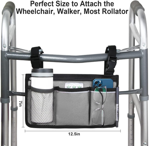 Wheelchair Side Bag, Armrest Storage Pouch with Cup Holder and Reflective Strip Use of Waterproof Fabric, for Most Wheelchairs, Walkers or Rollators (Gray)