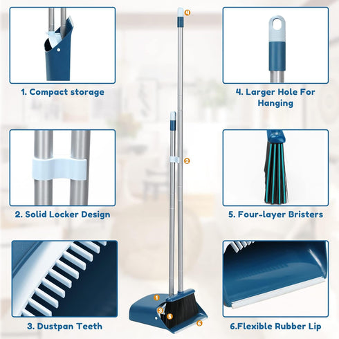 Standing Dustpan and Broom Set with 52" Long Extendable Handle for Indoor, Kitchen, Office & Lobby Cleaning