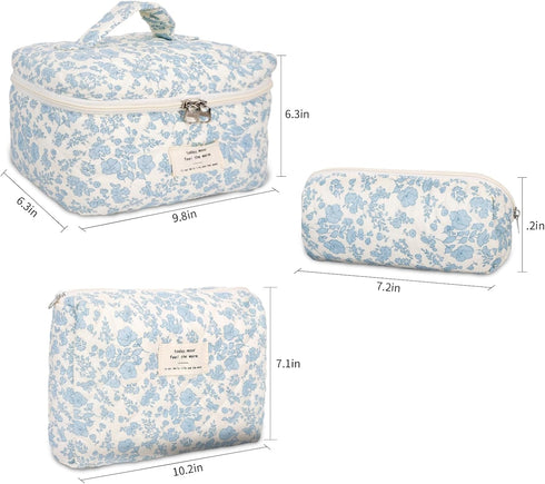 3 Pcs Cotton Quilted Makeup Bag Cute Aesthetic Floral Toiletry Bag, Large Travel Cosmetic Pouch for Women Girls