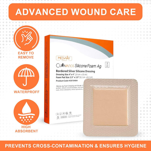 MedVance Bordered Silver Silicone Ag Sterile Absorbent Antibacterial Dressing 4"x 4" 5 Count