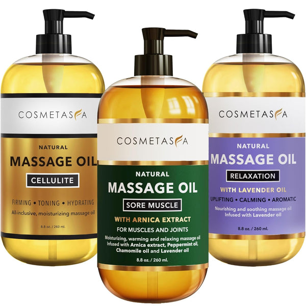 Cosmetasa Massage Oil Set - Arnica & Peppermint Sore Muscle Relief, Cellulite